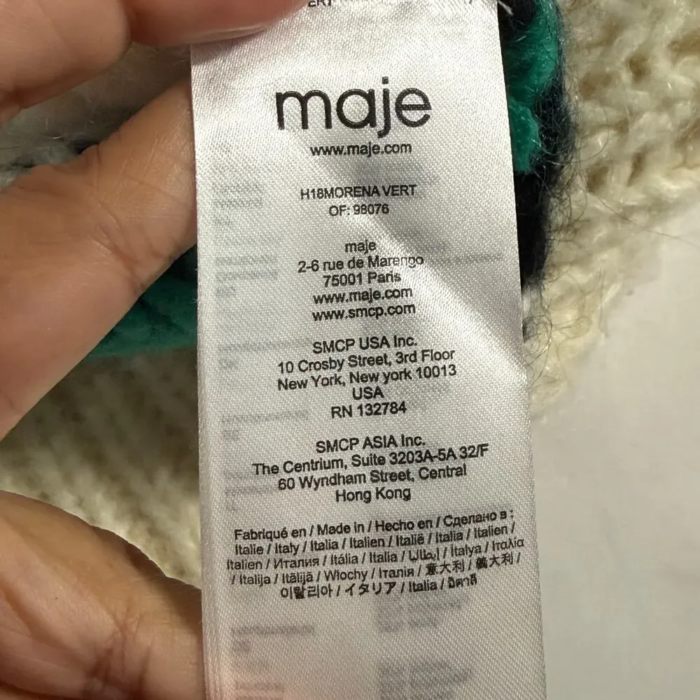 Maje Mohair Slouchy Oversized Sweater M Striped Green Black Drop Shoulder *flaw